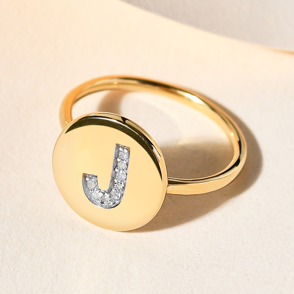 White Diamond Initial-J Ring in 14K Gold Overlay Sterling Silver