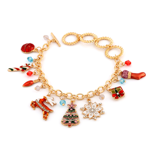 Multi Colour Austrian Crystal and Simulated Multi Gemstone Christmas Theme Enamelled Charm Bracelet 