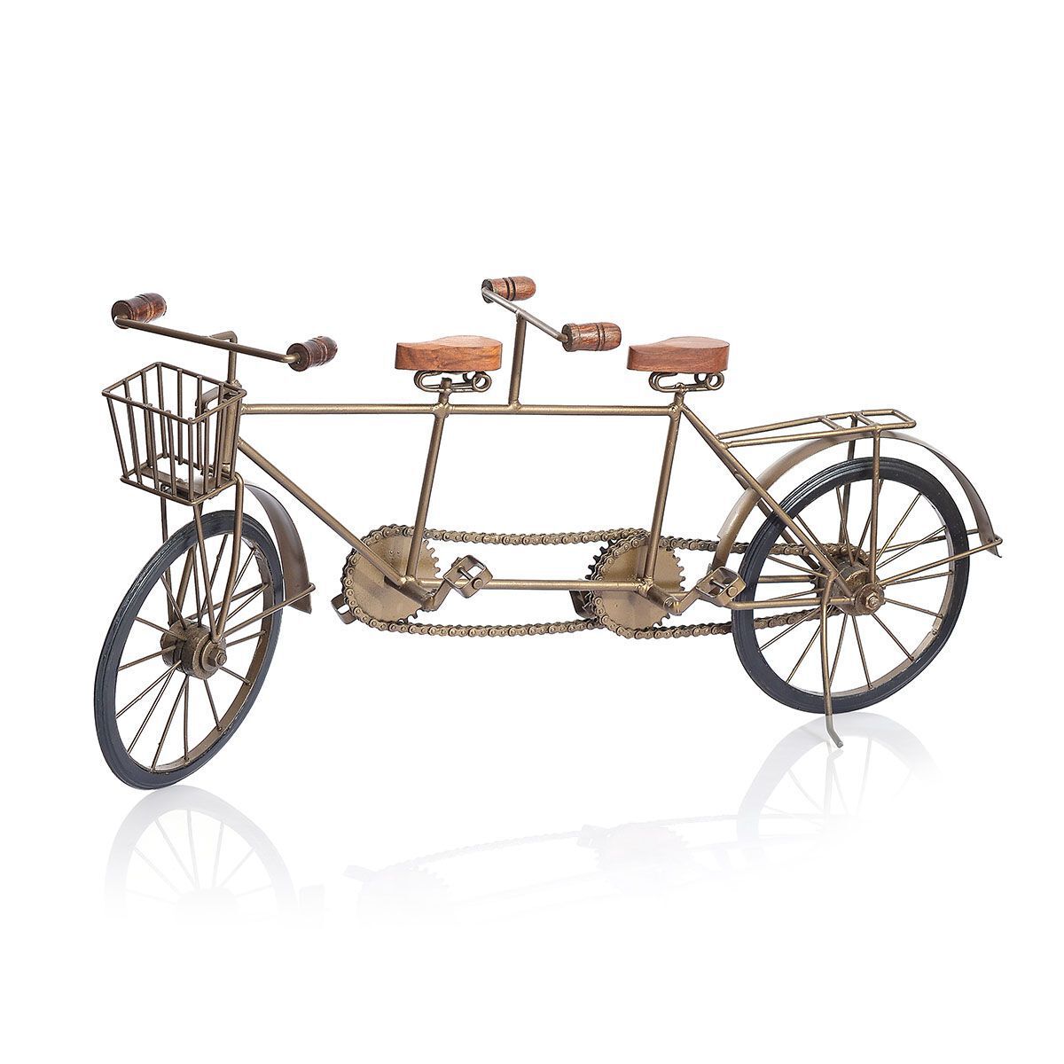 Home Decor - Hand Crafted Tandem Bicycle Ornament with Front Basket in Gold Tone