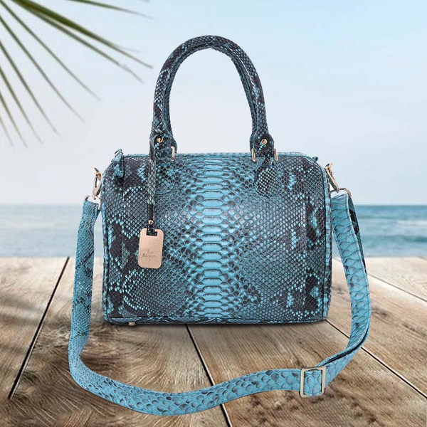 LA MAREY 100% Genuine Python Leather Tote Bag with Adjustable Shoulder Strap (Size 29x24x15cm) - Blue