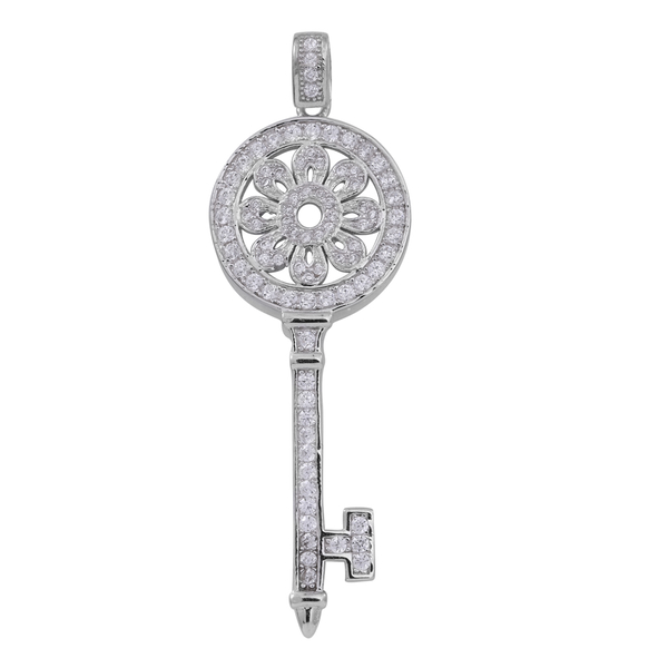 (Option 3) ELANZA AAA Simulated White Diamond (Rnd) Key Pendant in Rhodium Plated Sterling Silver