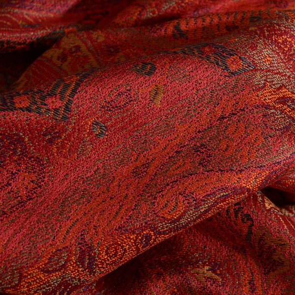SILK MARK - 100% Superfine Silk Red, Yellow and Multi Colour Jacquard Jamawar Scarf with Fringes at the Bottom (Size 180x70 Cm) (Weight 125 - 140 Gms)