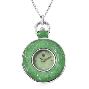 Green Jade Swiss Movement Watch with Chain (Size 32) in Rhodium Overlay Sterling Silver and Stainles