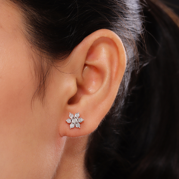 Diamond Floral Stud Earrings (with Push Back) in Rose Gold Overlay Sterling Silver