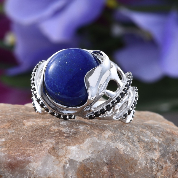GP Lapis Lazuli (Rnd 6.00 Ct), Boi Ploi Black Spinel and Kanchanaburi Blue Sapphire Ring in Platinum Overlay Sterling Silver 6.530 Ct.