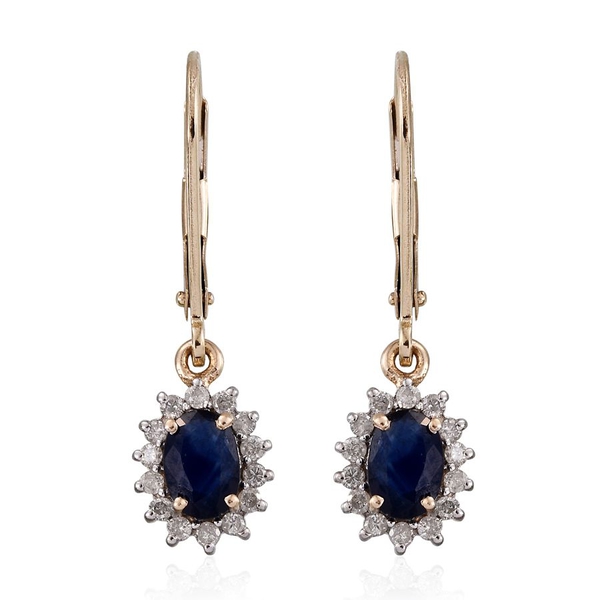 9K Y Gold Kanchanaburi Blue Sapphire (Ovl), Diamond Lever Back Earrings 1.500 Ct.