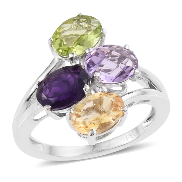 Amethyst (Ovl 1.13 Ct), Rose De France Amethyst, Citrine and Hebei Peridot Ring in ION Plated Platin