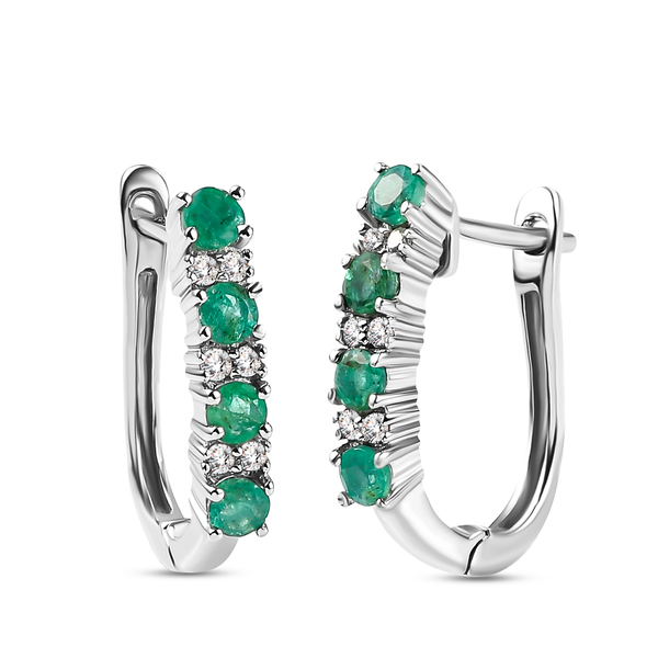 Premium Emerald and Natural Cambodian Zircon Hoop Earrings (With Clasp) in Platinum Overlay Sterling