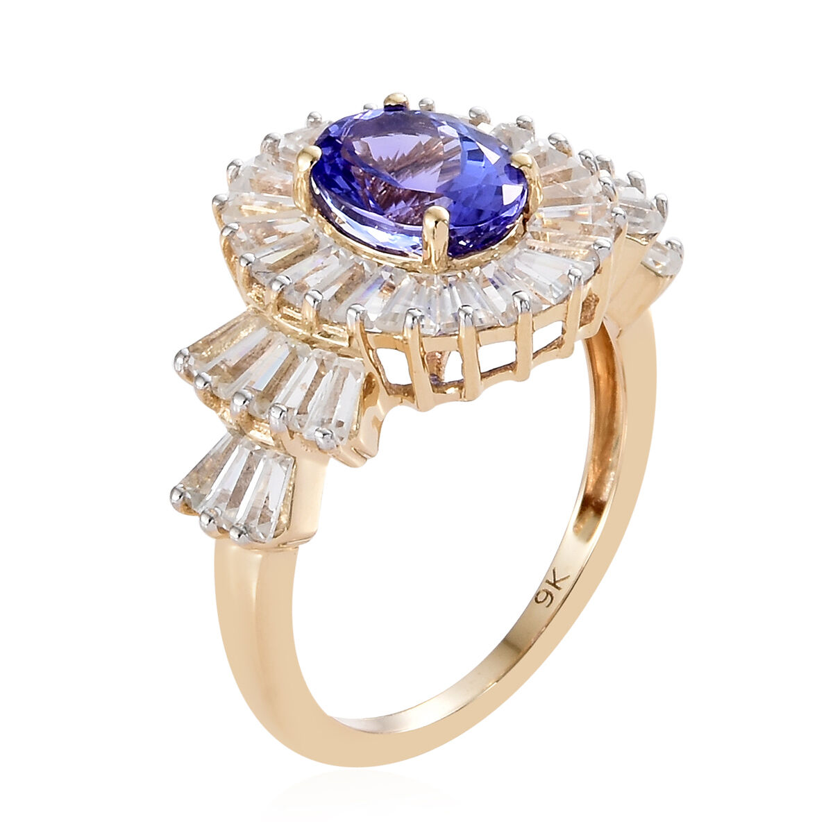 9K Yellow Gold Tanzanite (Ovl), Natural Cambodian Zircon Ring 4.500 Ct