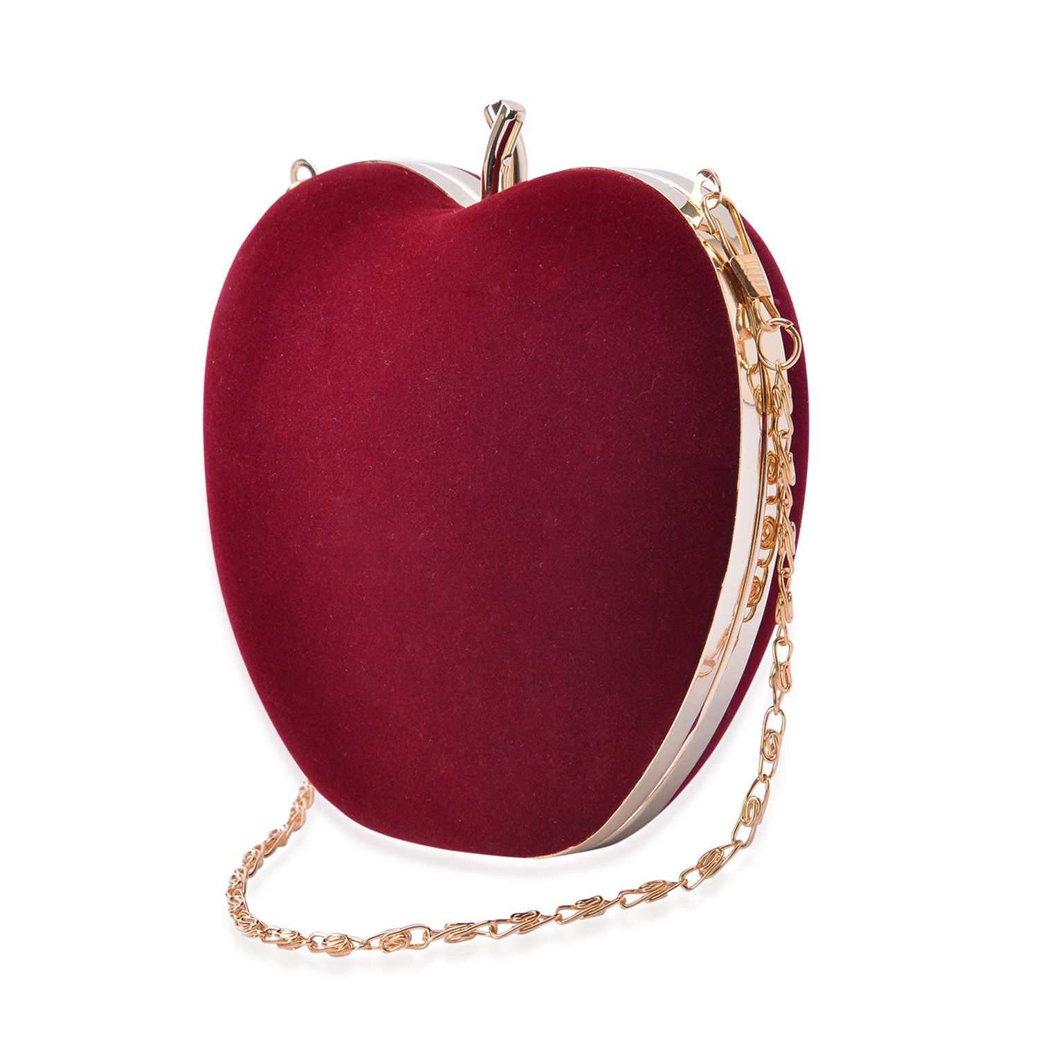 Burgundy Colour Apple Shape Clutch Bag in Gold Tone with Removable Chain Strap (Size 12x12x6 Cm)