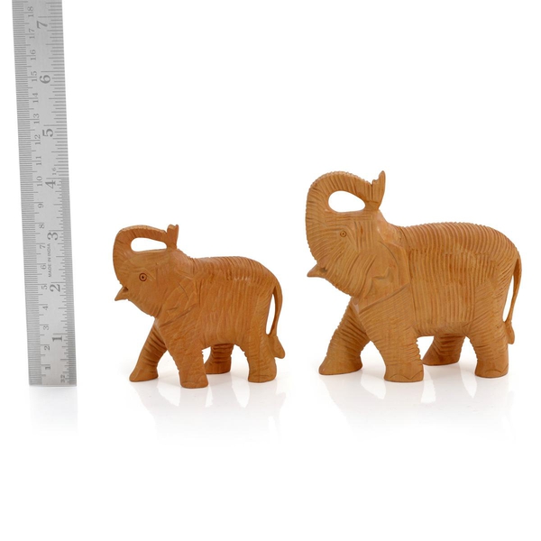 Home Decor - Set of 2 Handmade Wooden Carved Upper Trunk Light Elephant