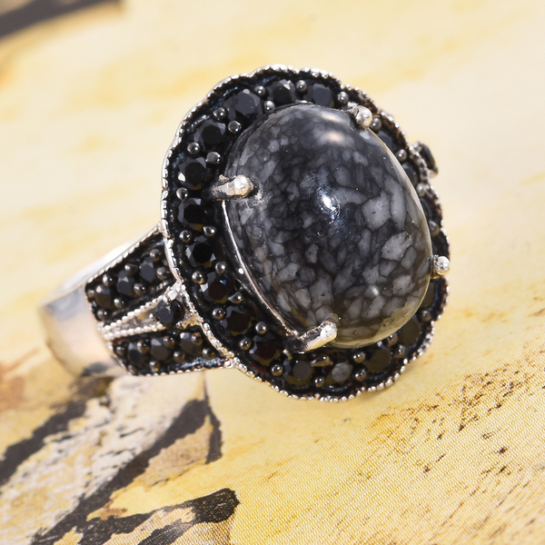 Austrian Pinolith (Ovl 6.45 Ct), Boi Ploi Black Spinel Ring in Platinum Overlay Sterling Silver 7.750 Ct.