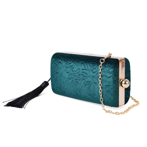 Peacock Green Colour Floral Pattern Velvet Clutch Bag with Chain Strap in Gold Tone (Size 16X8.5X5.5 Cm)