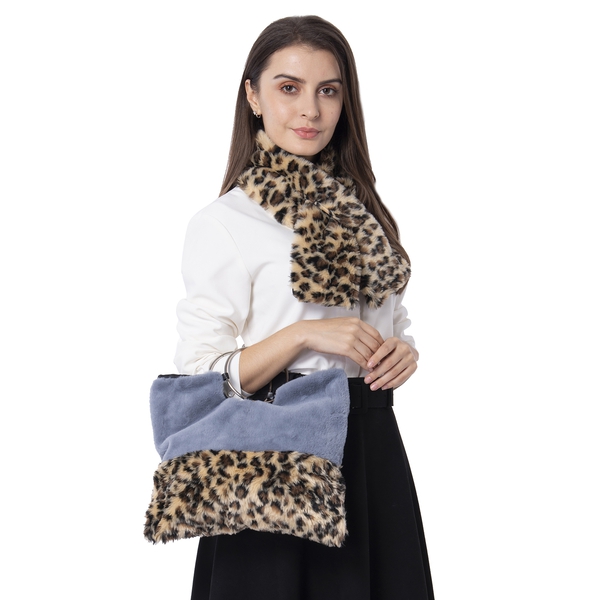 Leopard Skin Pattern Faux Fur Handbag (Size 34x30 Cm) and Scarf (Size 10x92Cm)