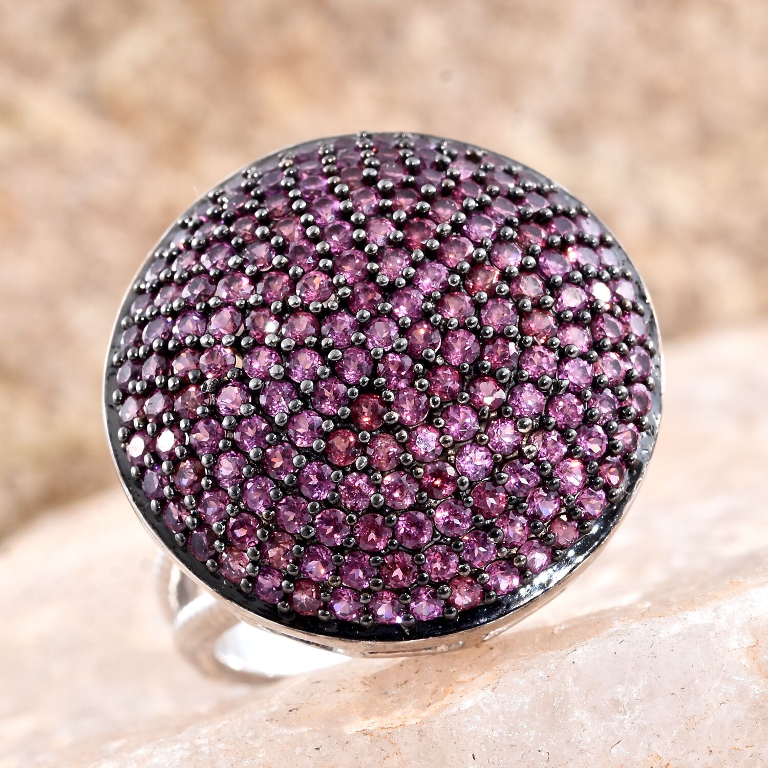 Red Carpet Collection-Rhodolite Garnet (Rnd) Cluster Ring in Black Rhodium and Platinum Overlay Sterling Silver 3.250 Ct.Gemstone Studded 166 Pcs. Silver wt. 7.64 Gms.