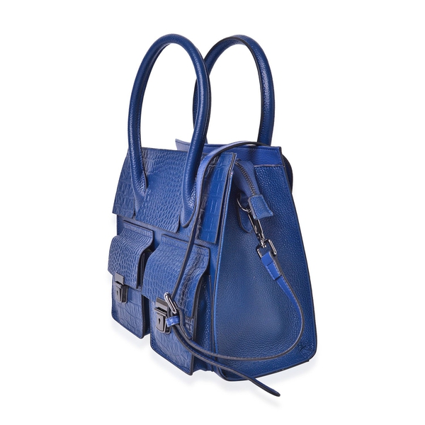 Genuine Leather Navy Colour Croc and Ostrich Embossed Tote Bag with External Zipper Pocket and Adjustable and Removable Shoulder Strap (Size 28x25.5x12 Cm)