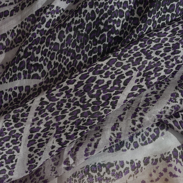 100% Mulberry Silk Violet, Black and White Colour Handscreen Leopard Printed Scarf (Size 200X180 Cm)