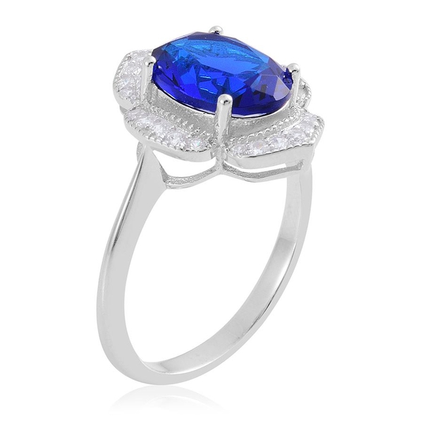 Simulated Blue Sapphire (Ovl), Simulated White Diamond Ring in Rhodium Plated Sterling Silver