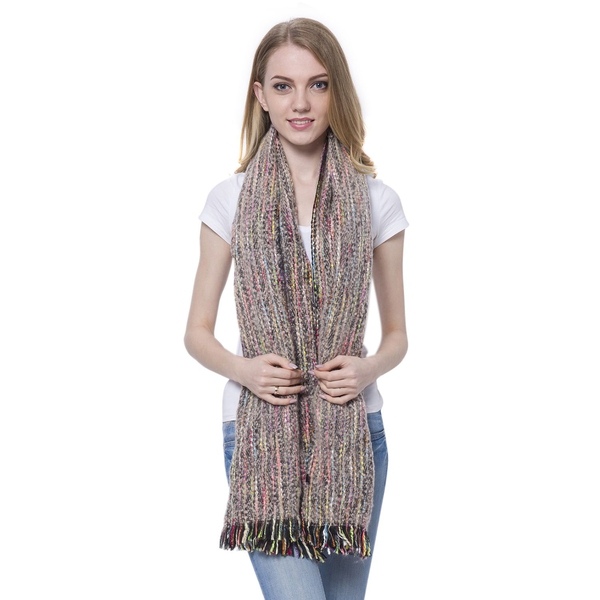 Designer Inspired-Grey and Multi Colour Stripes Pattern Scarf with Fringes (Size 200X65 Cm)