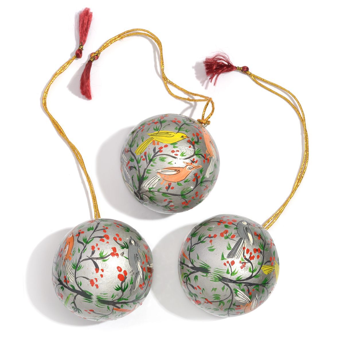 Christmas Decorations - Set of 3 Grey Colour Paper Mache Tree Hanging Christmas Balls
