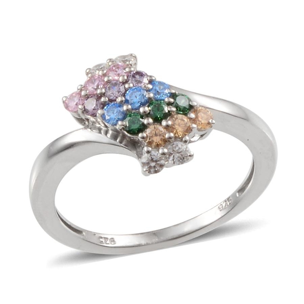 Lustro Stella - Platinum Overlay Sterling Silver (Rnd) Ring Made with Blue, Green, Yellow, Amethyst,