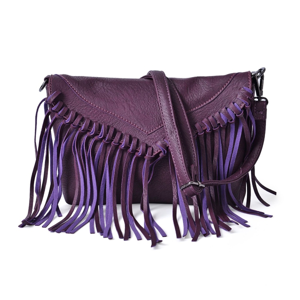 Dark Purple Colour Crossbody Bag with Fringes and Adjustable, Removable Shoulder Strap (Size 26x18 C
