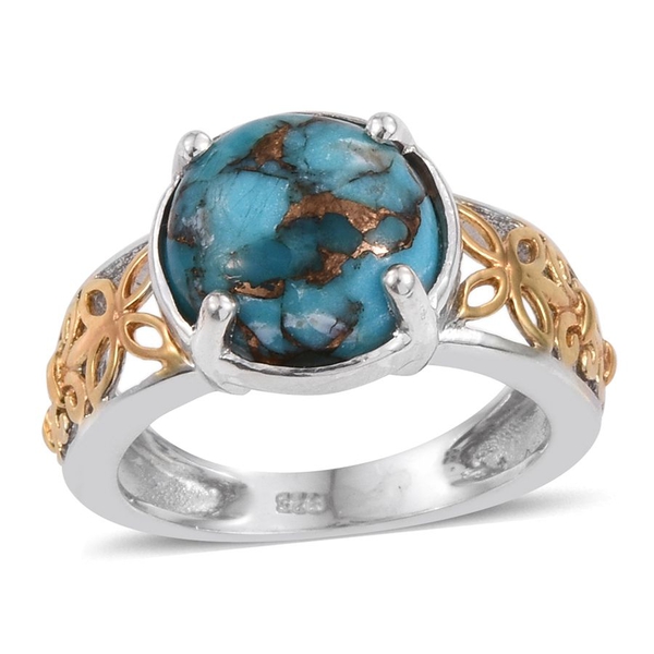 Blue Turquoise (Rnd) Solitaire Ring in Platinum and Yellow Gold Overlay Sterling Silver 3.500 Ct.