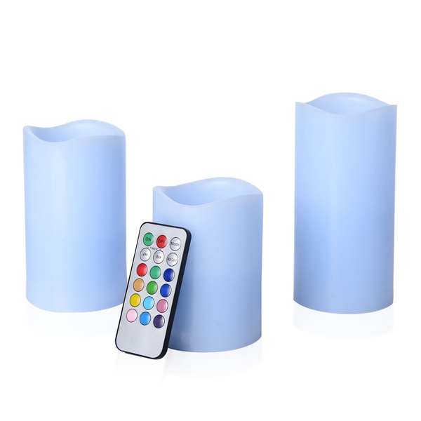Set of 3 - 12 Colour Changing LED Flameless Wax Blowing Blue Colour Candles with a Remote Control (S