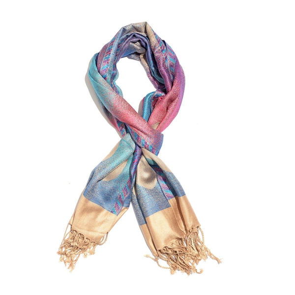 Limited Edition- Designer Inspired-Blue, Pink and Multi Colour Jacquard Scarf with Tassels (Size 180