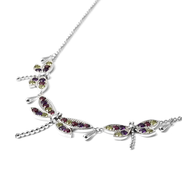 LucyQ Dragonfly Collection- Natural Hebei Peridot, Rhodolite Garnet and Amethyst Necklace (Size:16 with 4 inch Extender) in Rhodium Overlay Sterling Silver 4.52 Ct, Silver wt. 16.14 Gms