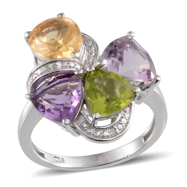 Citrine, Rose De France Amethyst, Hebei Peridot, Amethyst and Diamond Ring in Platinum Overlay Sterl