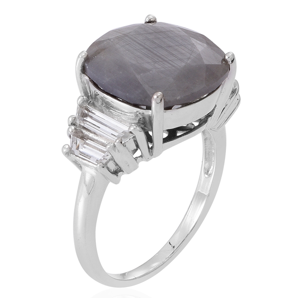 Natural Silver Sapphire (Cush 11.85 Ct), White Topaz Ring in Rhodium Plated Sterling Silver 13.000 Ct.