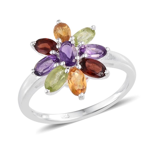Amethyst (Ovl), Hebei Peridot, Mozambique Garnet and Citrine Floral Ring in Sterling Silver 2.000 Ct