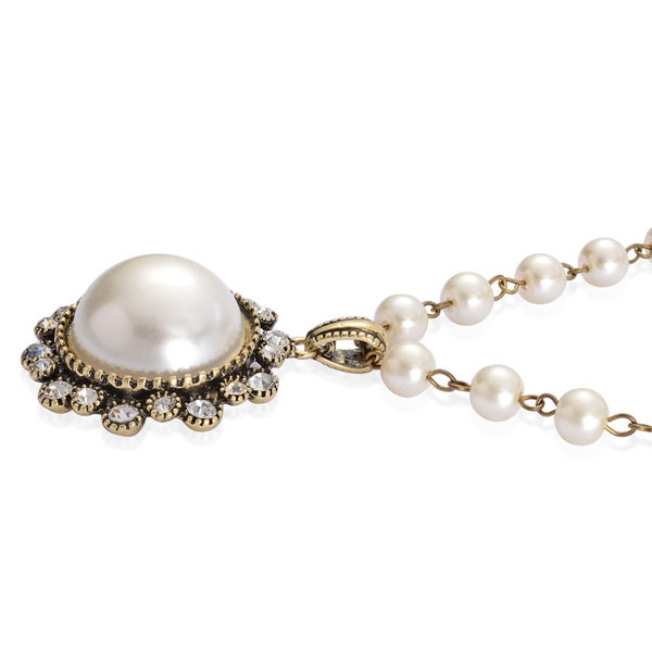 White Austrian Crystal and White Glass Pearl Necklace (Size 28 with 3 Inch Extender) in Silver Tone with Resin