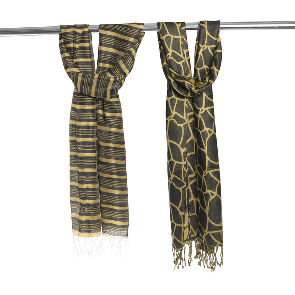 Set of 2 - Black and Gold Colour Stripes Pattern Scarf (Size 180X30 Cm), Black and Golden Colour Sca
