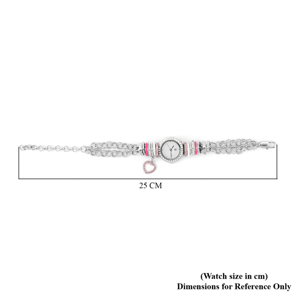 STRADA Japanese Movement White Dial White & Pink Crystal Studded Water Resistant Bracelet Watch (Size 9.75) in Silver Tone