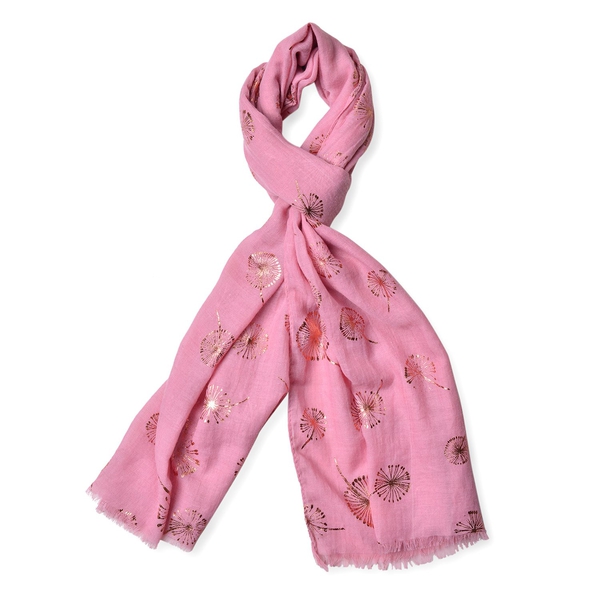Golden Dandelion Pattern Pink Colour Scarf with Fringes (Size 180X70 Cm)