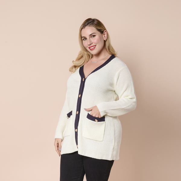 LA MAREY Cream Contrast Long Cardigan with Vintage Gold Buttons (S/M, UK Size 8-12)
