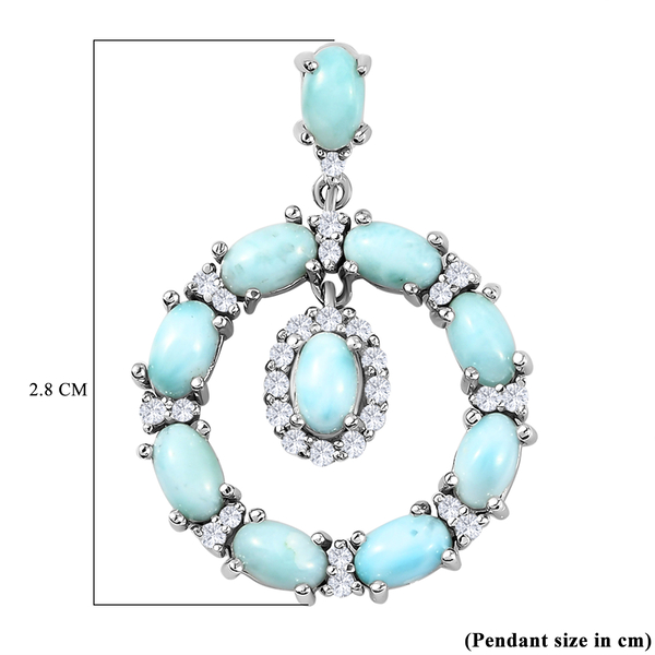 Larimar and Natural Cambodian Zircon Pendant in Platinum Overlay Sterling Silver 3.32 Ct.