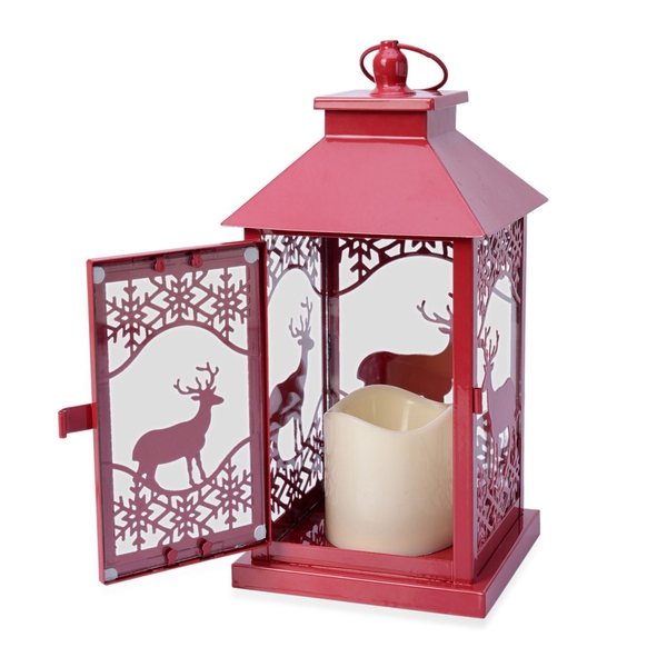 Reindeer and Snowflake Pattern Red Colour Lantern with Removable LED Candle (Size 28.5x14.5x14.5 Cm)
