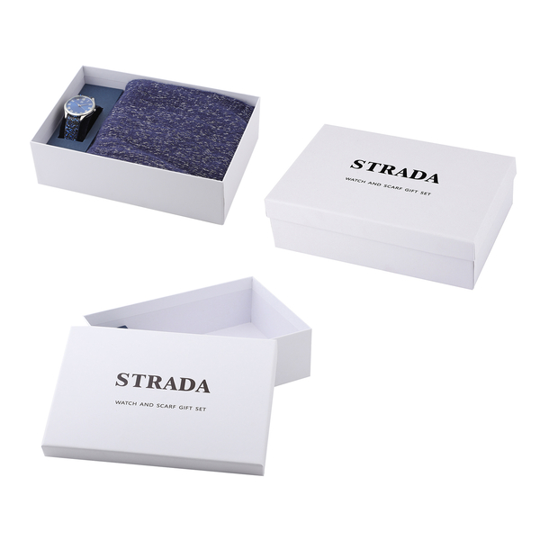 2 Piece Set - STRADA Japanese Movement Gold & Dark Blue Stardust Dial Water Resistant Watch with Sequins Dark Blue Strap and Sequins Scarf (Size 180x90Cm) - Dark Blue