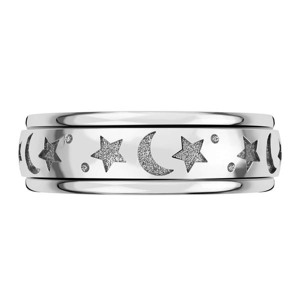 Artisan Crafted Platinum Overlay Sterling Silver Moon & Star Spinner Ring
