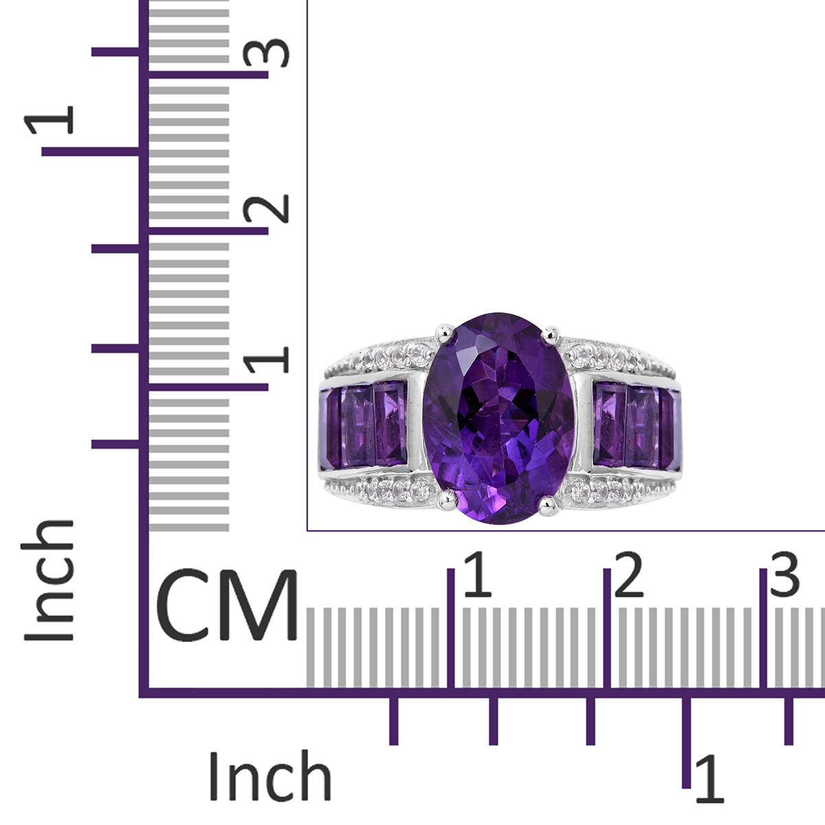 Extremely Rare Size - Lusaka Amethyst (Ovl 14x10 mm 5.16 Ct), Natural White Cambodian Zircon Ring in Rhodium Plated Sterling Silver 8.720 Ct. Silver wt 8.50 Gms.
