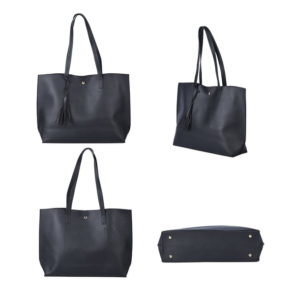 Classic Tote Bag with Tassels and Magnetic Button (Size 36x30x11 Cm) - Black