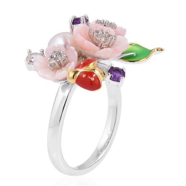 JARDIN COLLECTION - Pink Mother of Pearl, Freshwater White Pearl, Amethyst, and Natural White Cambodian Zircon Enameled Floral Ring in Rhodium and Gold Overlay Sterling Silver, Silver wt 5.77 Gms