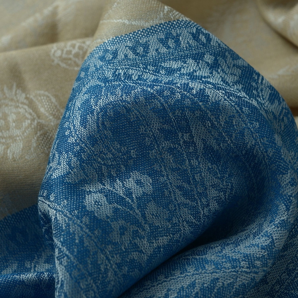 100% Superfine Modal Floral Pattern Blue, Beige, and White Colour Jacquard Scarf (Size 180x70 Cm)