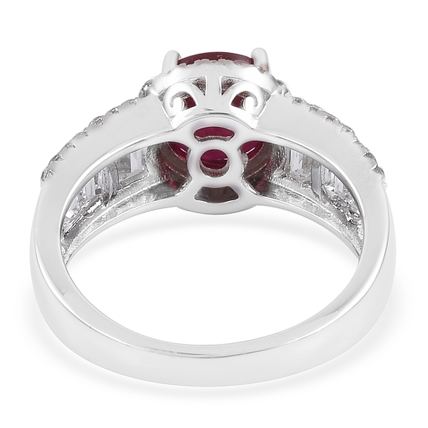 African Ruby (Rnd 3.00 Ct), White Topaz and Natural White Cambodian Zircon Ring in Rhodium Plated Sterling Silver 4.400 Ct.