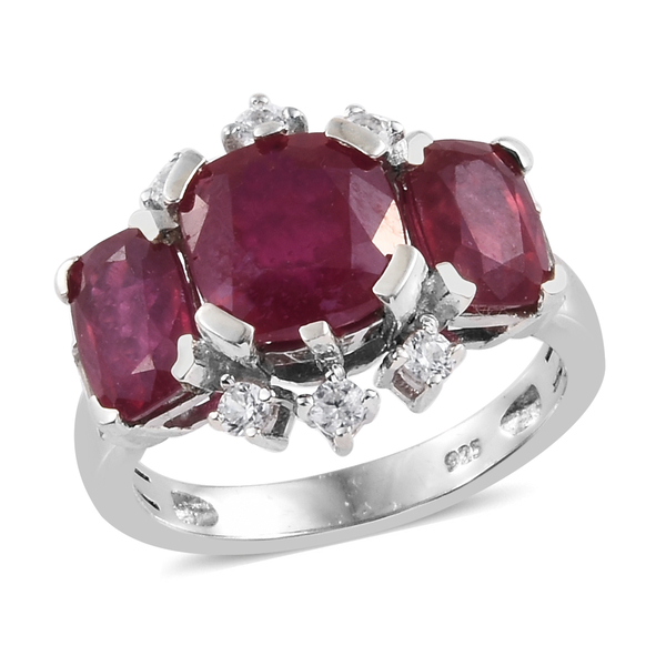 6.5 Ct African Ruby and Cambodian Zircon 3 Stone Ring in Sterling Silver