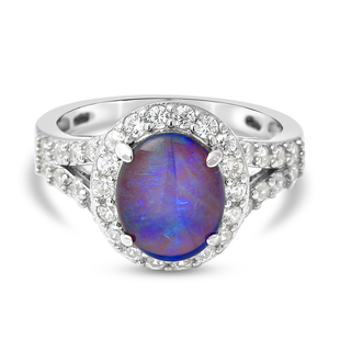 Australian Boulder Opal and Natural Cambodian Zircon Ring in Rhodium Overlay Sterling Silver 2.98 Ct