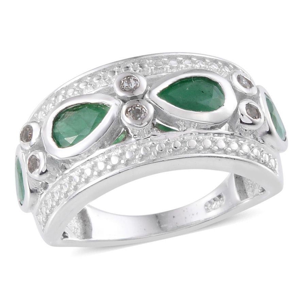 Kagem Zambian Emerald (Pear), White Topaz Ring in Platinum Overlay Sterling Silver 1.650 Ct.